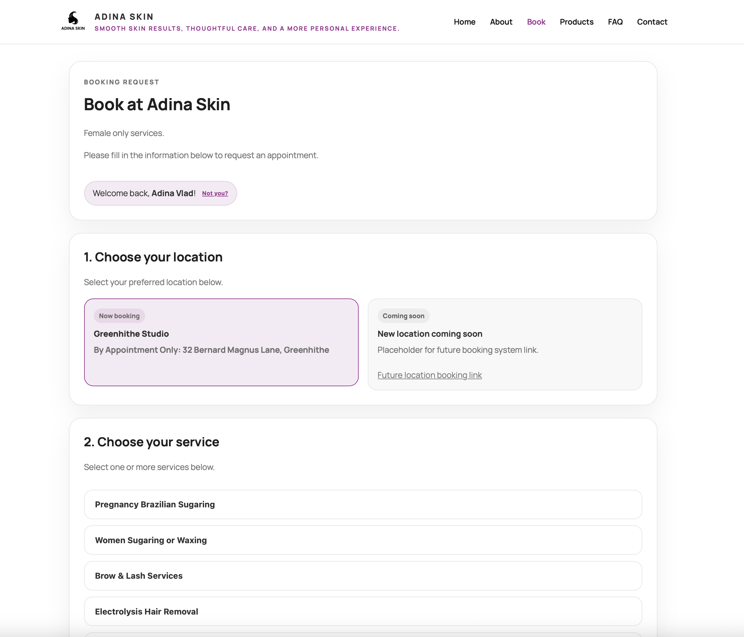 Adina Skin booking form design