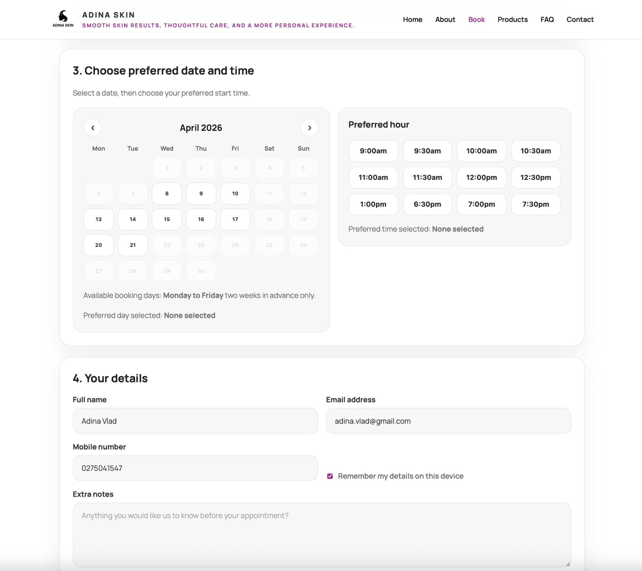 Adina Skin booking page details