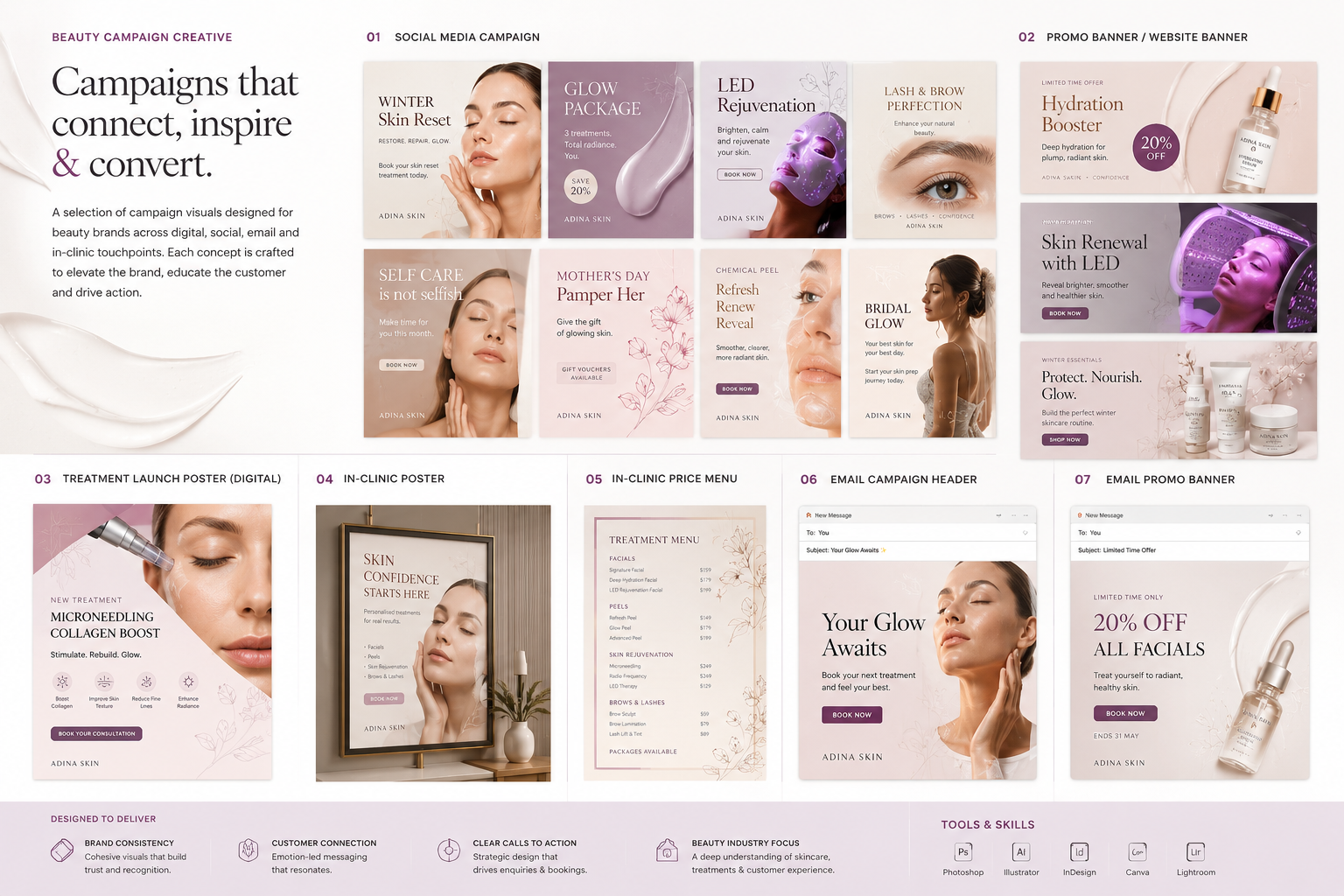 Beauty campaign creative board with social media posts banners posters and email graphics